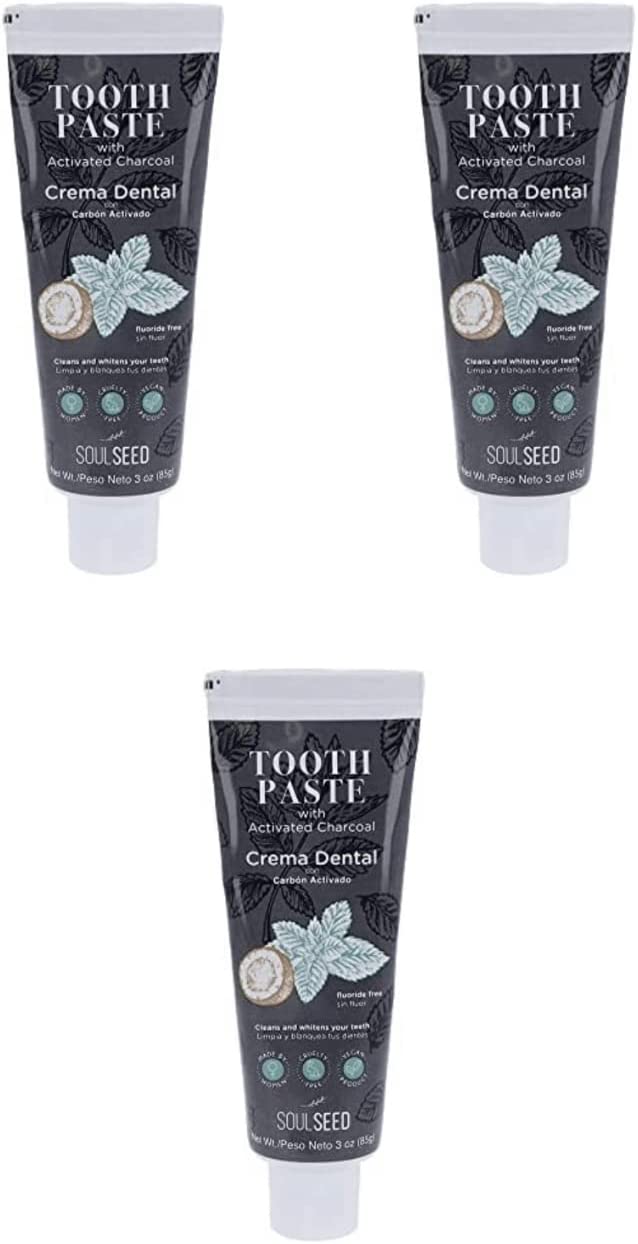 Soul Seed | Activated Charcoal Whitening Toothpaste | Fluoride Free | Antiplaque | Deep Clean | Fresh Mint | Cruelty-Free | Coconut Oil| Vegan | 2.87Oz x 3 Units